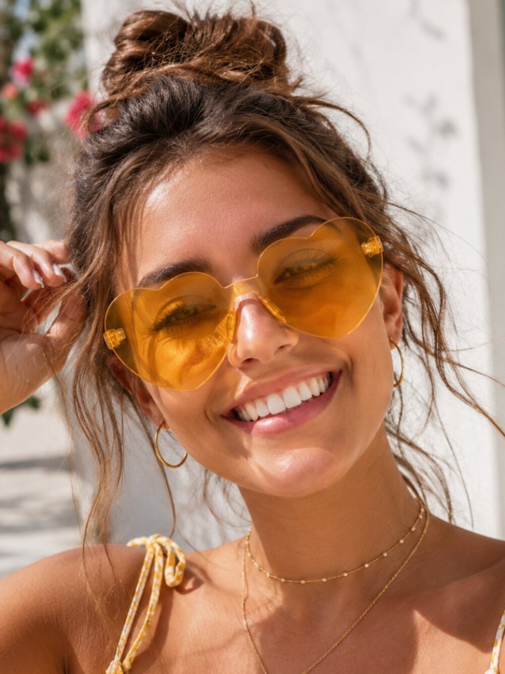 Heart Shaped Sunglasses Women Yellow Rimless Transparent Lens Fashion UV